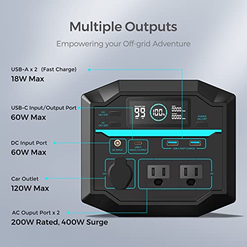 Renogy Portable Power Station Camping, 222Wh Backup Lithium Battery of Fast Recharging, w/ Two 120V/200W Pure Sine Wave AC Outlets, Solar Generator for Outdoor Camping Travel, Compatible with PV Input