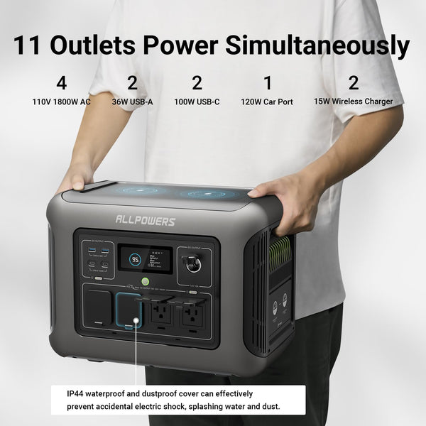 ALLPOWERS R1500 Portable Power Station, 1152Wh Expandable LiFePO4 Battery Backup w/ 4 1800W (3000W Peak) AC Outlets, 0-80% in 40 Min, 43dB UPS Solar Generator for Camping, Off-Grid, RV, Home Use