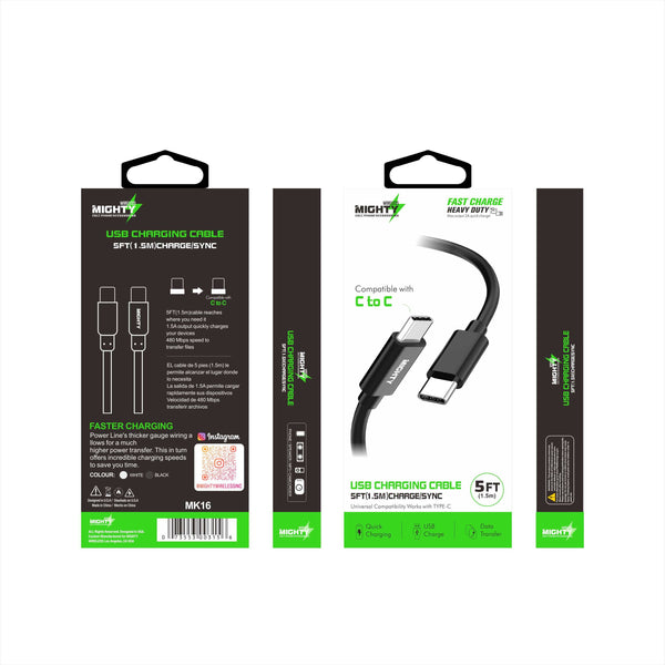 Mighty Fast Charging 5FT Type-C to Type-C Cable Black MK16