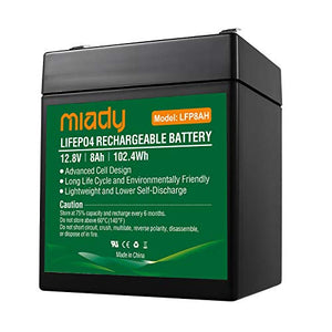 12V 8Ah Deep Cycle LiFePO4 Battery, 2000 Cycles Miady LFP8AH Rechargeable Battery, Maintenance-free Battery for Fios, Power Wheels, Solar System, UPS and etc