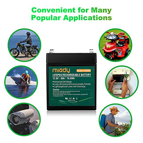2000 Cycles 12V 6Ah Miady Lithium Iron Phosphate Battery, Rechargeable LiFePo4 Battery, Low Self-Discharge and Light Weight, for Kid Scooters, Fios Replacement Battery